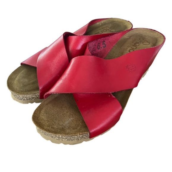 Yokono Red Leather Sandals Size 6.5 Comfort Slides Wedge Papillio - Picture 1 of 7